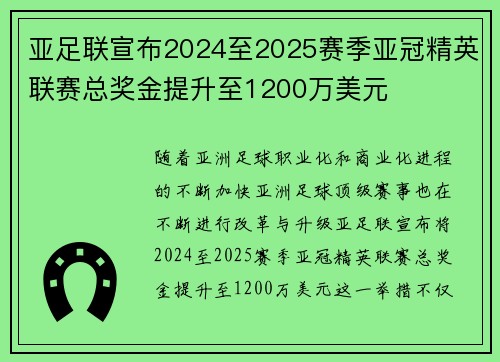 亚足联宣布2024至2025赛季亚冠精英联赛总奖金提升至1200万美元 亚足联宣布2024至2025赛季亚冠精英联赛总奖金提升至1200万美元